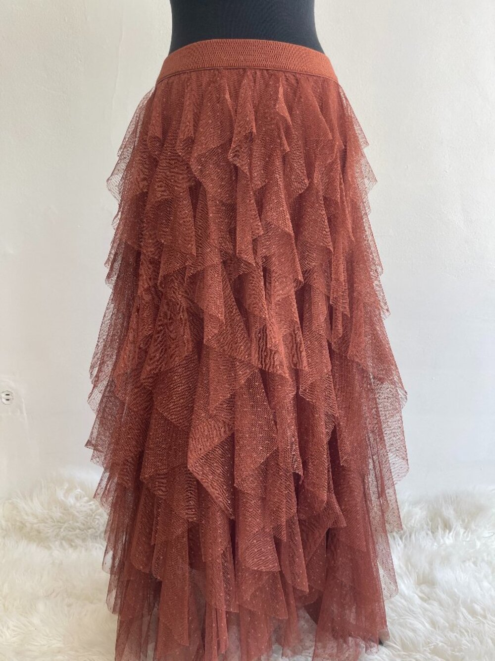 Anthropologie Tulle Polka Dot Asymmetrical Burnt Orange Maxi Skirt